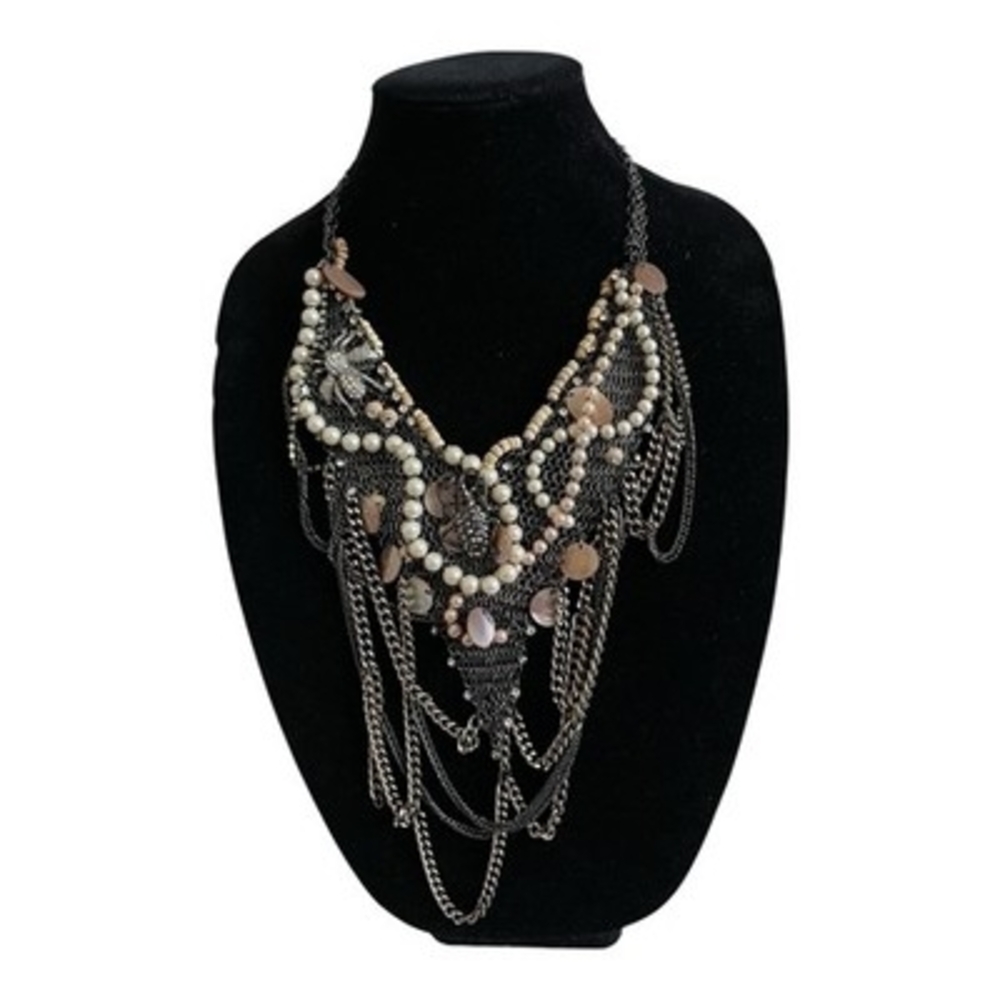 Express Bohemian Layered Chain Pearl Bead Necklace Rhinestone Insect Brooches VG